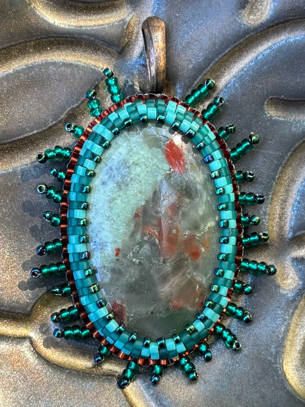 Funky Beaded Bloodstone Semi-Precious Handmade Pendant